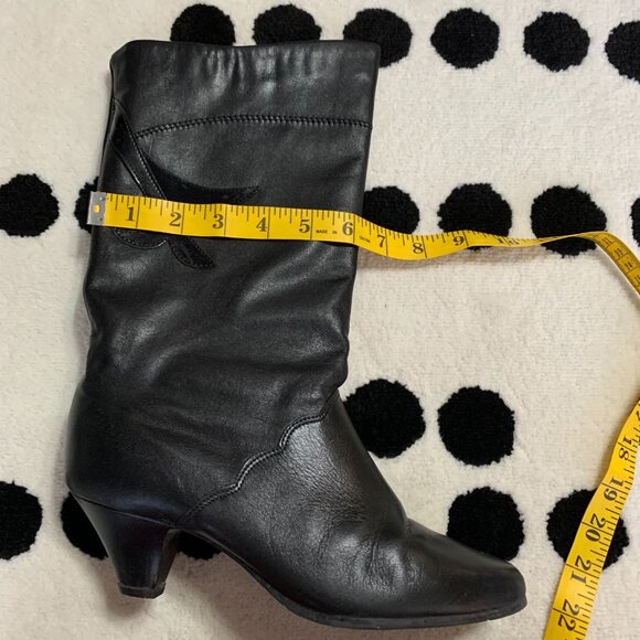 Vintage 80s Black Leather Retro Boots Black 7 Mid Calf Mid Low Kitten Cone Heel - Picture 14 of 16
